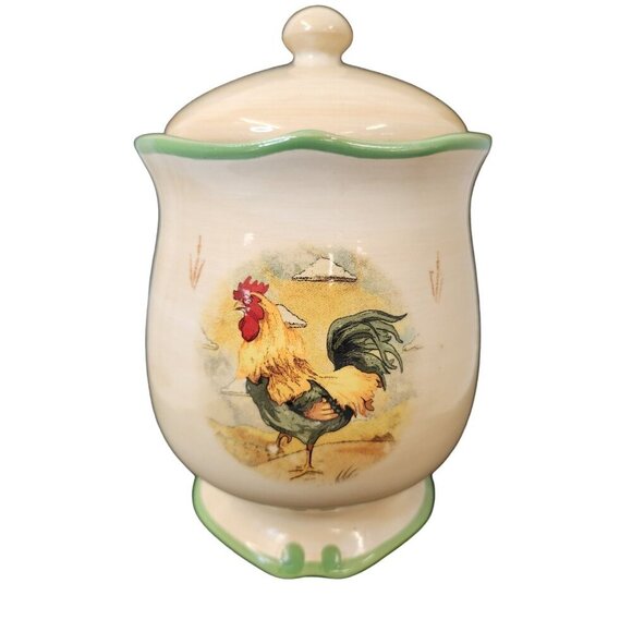Vintage Ceramic Jar With Rooster Design & Green Trim Lid Decorative Kitchen Cani - Picture 2 of 7